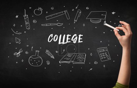 Photo for Hand drawing COLLEGE inscription with white chalk on blackboard, education concept - Royalty Free Image