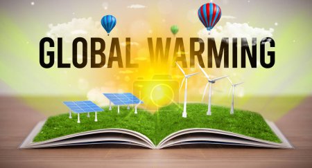 Téléchargez les photos : Livre ouvert avec inscription GLOBAL WARMING, concept d'énergie renouvelable - en image libre de droit
