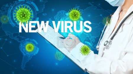 Photo for Doctor fills out medical record with NEW VIRUS inscription, virology concept - Royalty Free Image