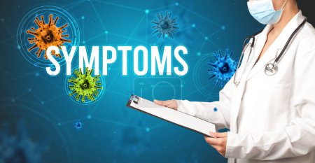 Foto de Médico prescribe una receta con la inscripción SYMPTOMS, concepto pandémico - Imagen libre de derechos