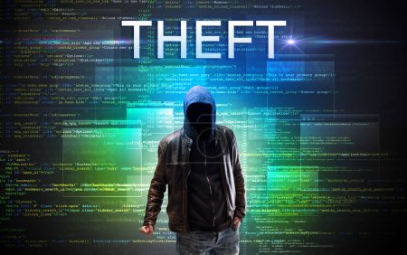 Photo for Faceless hacker with THEFT inscription on a binary code background - Royalty Free Image