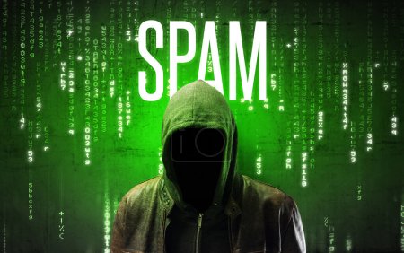 Photo for Faceless hacker with SPAM inscription, hacking concept - Royalty Free Image