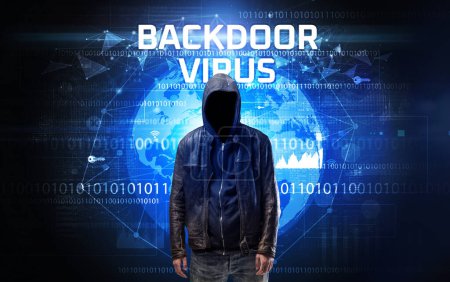 Téléchargez les photos : Hacker sans visage au travail avec inscription VIRUS BACKDOOR, Concept de sécurité informatique - en image libre de droit