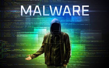Photo for Faceless hacker with MALWARE inscription on a binary code background - Royalty Free Image