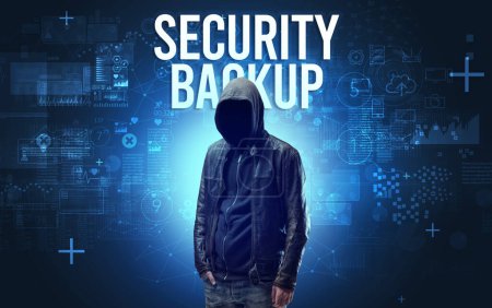 Photo for Faceless man with SECURITY BACKUP inscription, online security concept - Royalty Free Image
