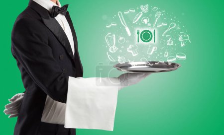 Photo for Waiter holding silver tray with tableware icons coming out of it, health food concept - Royalty Free Image