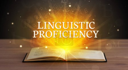 Photo for LINGUISTIC PROFICIENCY inscription coming out from an open book, educational concept - Royalty Free Image
