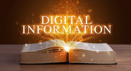 Photo for DIGITAL INFORMATION inscription coming out from an open book, educational concept - Royalty Free Image