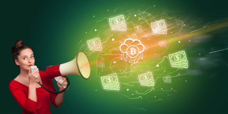 Photo for Young person yelling in megaphone and bitcoin in cloud icon, currency exchange concept - Royalty Free Image