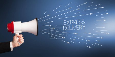 Photo for Young girl screaming to megaphone with EXPRESS DELIVERY inscription, shopping concept - Royalty Free Image