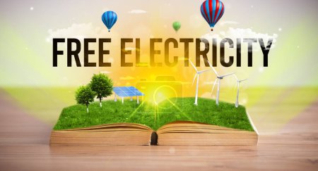 Photo for Open book with FREE ELECTRICITY inscription, renewable energy concept - Royalty Free Image