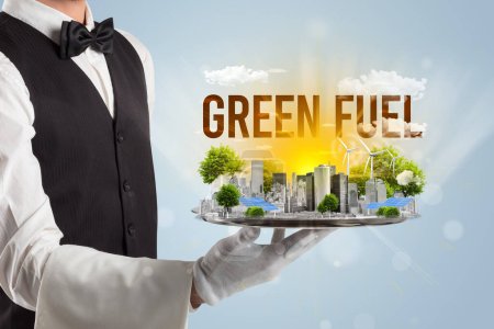 Photo for Waiter serving eco city with GREEN FUEL inscription, renewabke energy concept - Royalty Free Image