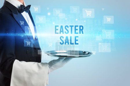 Photo for Waiter serving EASTER SALE inscription, online shopping concept - Royalty Free Image