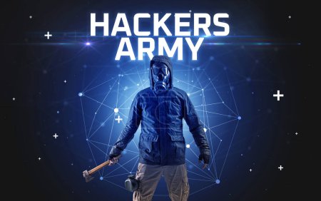 Foto de Misterioso hacker con inscripción HACKERS ARMY, inscripción de concepto de ataque en línea, concepto de seguridad en línea - Imagen libre de derechos