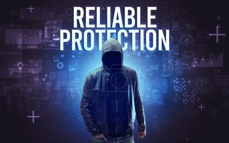 Photo for Faceless man with RELIABLE PROTECTION inscription, online security concept - Royalty Free Image