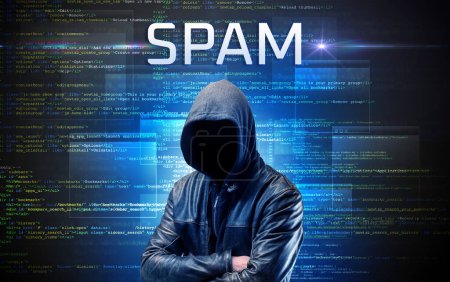 Photo for Faceless hacker with SPAM inscription on a binary code background - Royalty Free Image