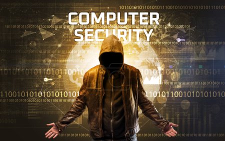 Téléchargez les photos : Hacker sans visage au travail avec inscription COMPUTER SECURITY, Concept de sécurité informatique - en image libre de droit