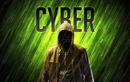 Photo for Mysterious man with CYBER inscription, online security concept - Royalty Free Image