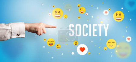 Photo for Close-Up of cropped hand pointing at SOCIETY inscription, social media concept - Royalty Free Image