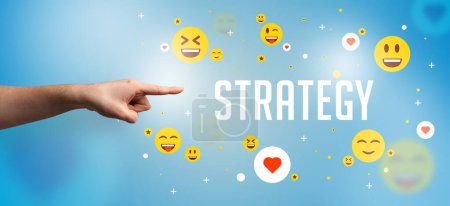 Photo for Close-Up of cropped hand pointing at STRATEGY inscription, social media concept - Royalty Free Image