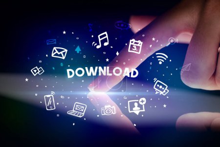 Photo for Finger touching tablet with drawn social media icons and DOWNLOAD inscription, social networking concept - Royalty Free Image