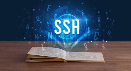 Inscripción SSH procedente de un libro abierto, concepto de tecnología digital
