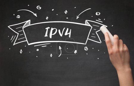 Hand drawing IPV4 abbreviation with white chalk on blackboard