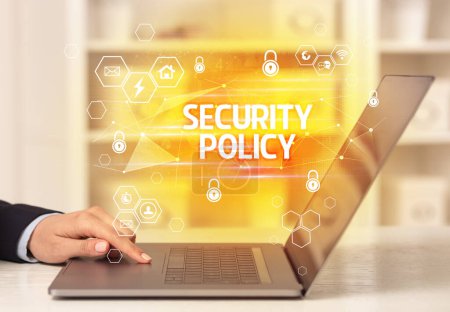 SECURITY POLICY inscription on laptop, internet security and data protection concept, blockchain and cybersecurity