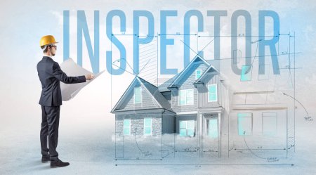 Photo for Young engineer holding blueprint with INSPECTOR inscription, house planning concept - Royalty Free Image