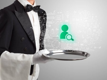 Photo for Close-up of waiter serving search people icons, social media concept - Royalty Free Image
