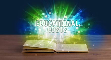 EDUCATIONAL COSTS inscription coming out from an open book, educational concept
