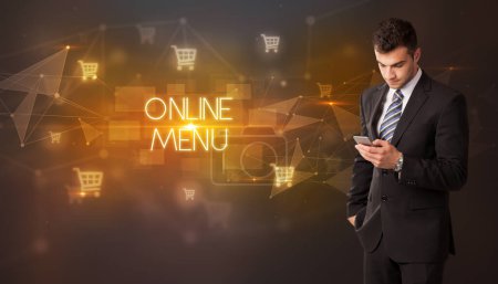 Businessman with shopping cart icons and ONLINE MENU inscription, online shopping concept