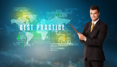 Businessman in front of a decision with BEST PRACTICE inscription, business concept
