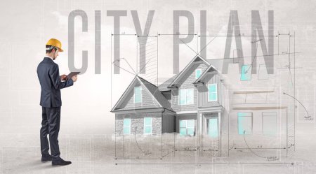 Photo for Young engineer holding blueprint with CITY PLAN inscription, house planning concept - Royalty Free Image
