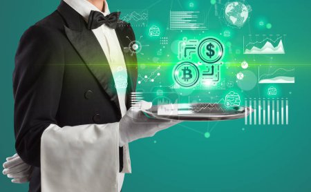 Photo for Young waiter serving crypto exchange icons on tray, money exchange concept - Royalty Free Image