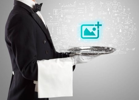 Close-up of waiter serving add photo icons, social media concept