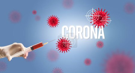 Téléchargez les photos : Vue rapprochée des médecins dans une seringue à gants blancs avec inscription CORONA, concept d'antidote au coronavirus - en image libre de droit