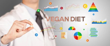 Nutritionist giving you a pill with VEGAN DIET inscription, healthy lifestyle concept