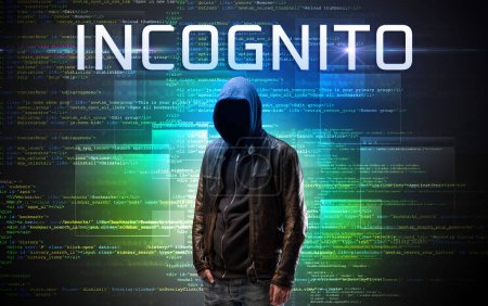 Photo for Faceless hacker with INCOGNITO inscription on a binary code background - Royalty Free Image