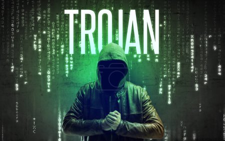 Foto de Hacker sin rostro con inscripción TROJAN, concepto de hacking - Imagen libre de derechos
