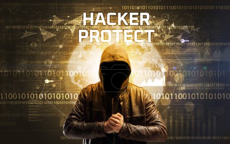 Téléchargez les photos : Hacker sans visage au travail avec inscription HACKER PROTECT, concept de sécurité informatique - en image libre de droit