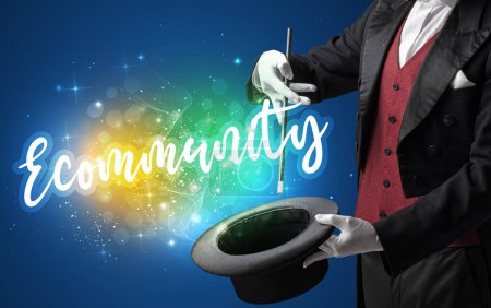 Téléchargez les photos : Main de magicien conjure avec baguette et inscription Ecommunity, concept shopping - en image libre de droit