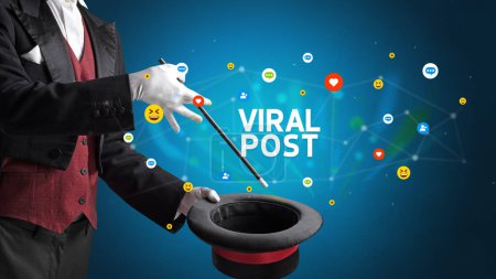 Photo for Magician is showing magic trick with VIRAL POST inscription, social media marketing concept - Royalty Free Image