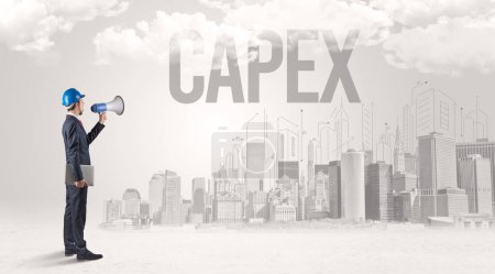Joven hombre de negocios con sombrero duro e inscripción CAPEX, nuevo concepto de oportunidad de negocio