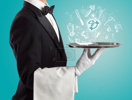 Photo for Waiter holding silver tray with Candys icons coming out of it, health food concept - Royalty Free Image