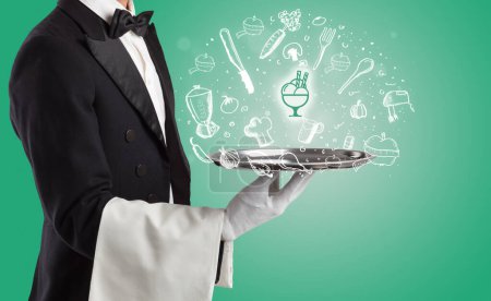 Waiter holding silver tray with ice cream icons coming out of it, health food concept