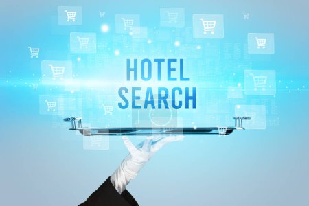 Kellner serviert HOTEL SEARCH Aufschrift, Online-Shopping-Konzept