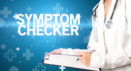Photo for Doctor writes notes on the clipboard with SYMPTOM CHECKER inscription, first aid concept - Royalty Free Image