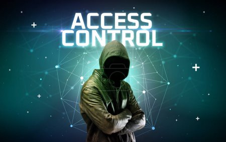 Foto de Misterioso hacker con inscripción ACCESS CONTROL, inscripción concepto de ataque en línea, concepto de seguridad en línea - Imagen libre de derechos