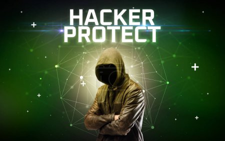 Photo for Mysterious hacker with HACKER PROTECT inscription, online attack concept inscription, online security concept - Royalty Free Image